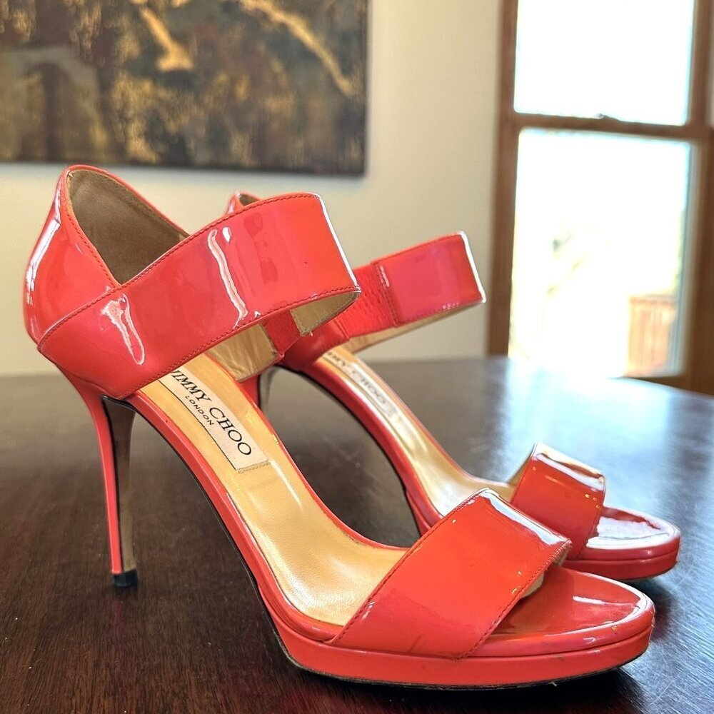Jimmy Choo Alana Geranium Pink Patent Leather Platform Heels 39.5
